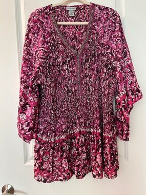 Catherines Fuchsia Floral Smocked Tunic with V-Neck